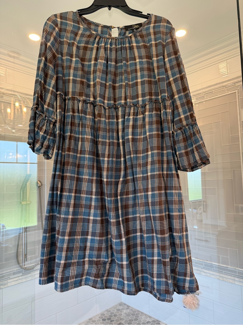 Suzanne Betro Blue Brown and Cream Plaid Pullover Top
